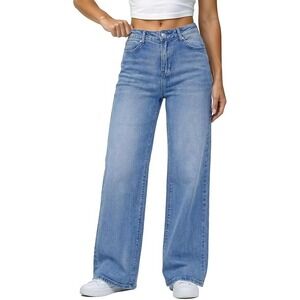 MSRP $52 GRAPENT Women's L Cool Blue Wide Leg Jeans Trendy High Waisted Stretch